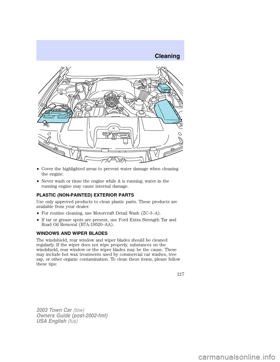 LINCOLN TOWN CAR 2003  Owners Manual •Cover the highlighted areas to prevent water damage when cleaning
the engine.
•Never wash or rinse the engine while it is running; water in the
running engine may cause internal damage.
PLASTIC (