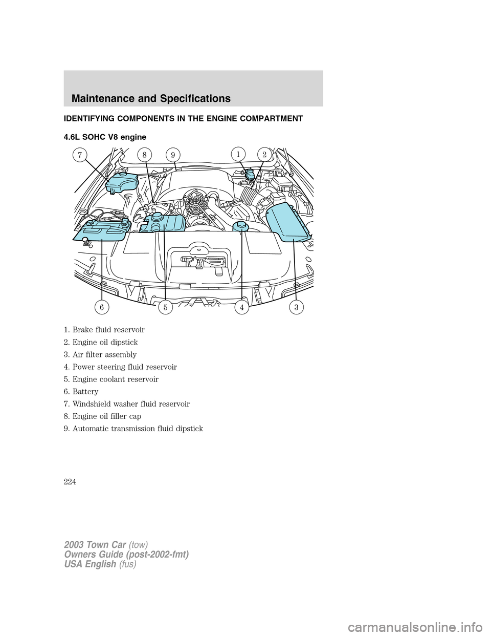 LINCOLN TOWN CAR 2003 Owners Manual IDENTIFYING COMPONENTS IN THE ENGINE COMPARTMENT
4.6L SOHC V8 engine
1. Brake fluid reservoir
2. Engine oil dipstick
3. Air filter assembly
4. Power steering fluid reservoir
5. Engine coolant reservoi LINCOLN TOWN CAR 2003 Owners Manual IDENTIFYING COMPONENTS IN THE ENGINE COMPARTMENT
4.6L SOHC V8 engine
1. Brake fluid reservoir
2. Engine oil dipstick
3. Air filter assembly
4. Power steering fluid reservoir
5. Engine coolant reservoi