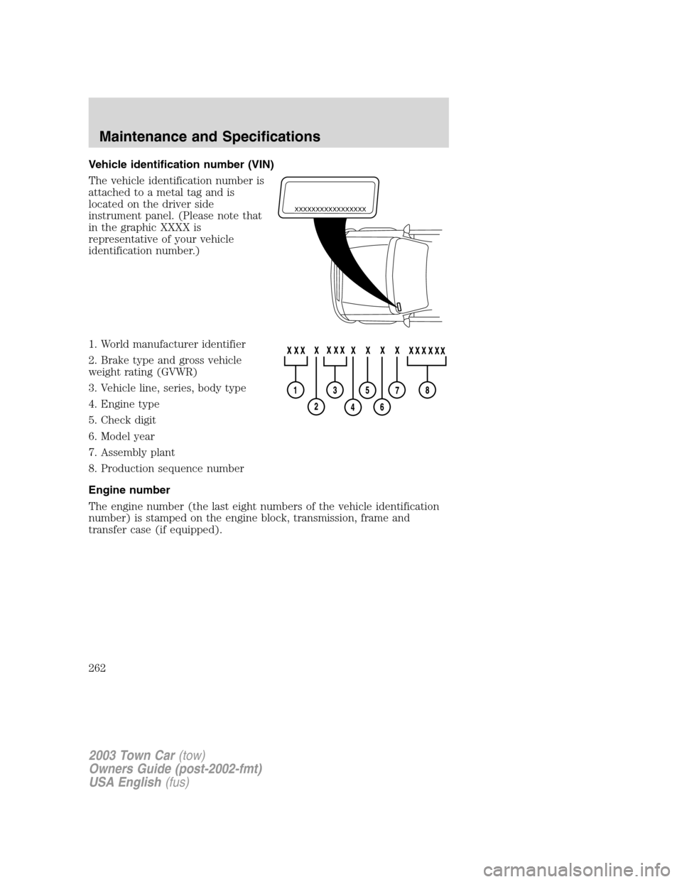 LINCOLN TOWN CAR 2003 Owners Manual Vehicle identification number (VIN)
The vehicle identification number is
attached to a metal tag and is
located on the driver side
instrument panel. (Please note that
in the graphic XXXX is
representa LINCOLN TOWN CAR 2003 Owners Manual Vehicle identification number (VIN)
The vehicle identification number is
attached to a metal tag and is
located on the driver side
instrument panel. (Please note that
in the graphic XXXX is
representa