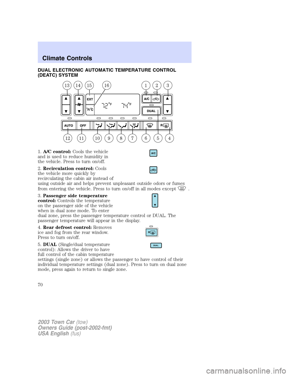 LINCOLN TOWN CAR 2003 Repair Manual DUAL ELECTRONIC AUTOMATIC TEMPERATURE CONTROL
(DEATC) SYSTEM
1.A/C control:Cools the vehicle
and is used to reduce humidity in
the vehicle. Press to turn on/off.
2.Recirculation control:Cools
the vehi