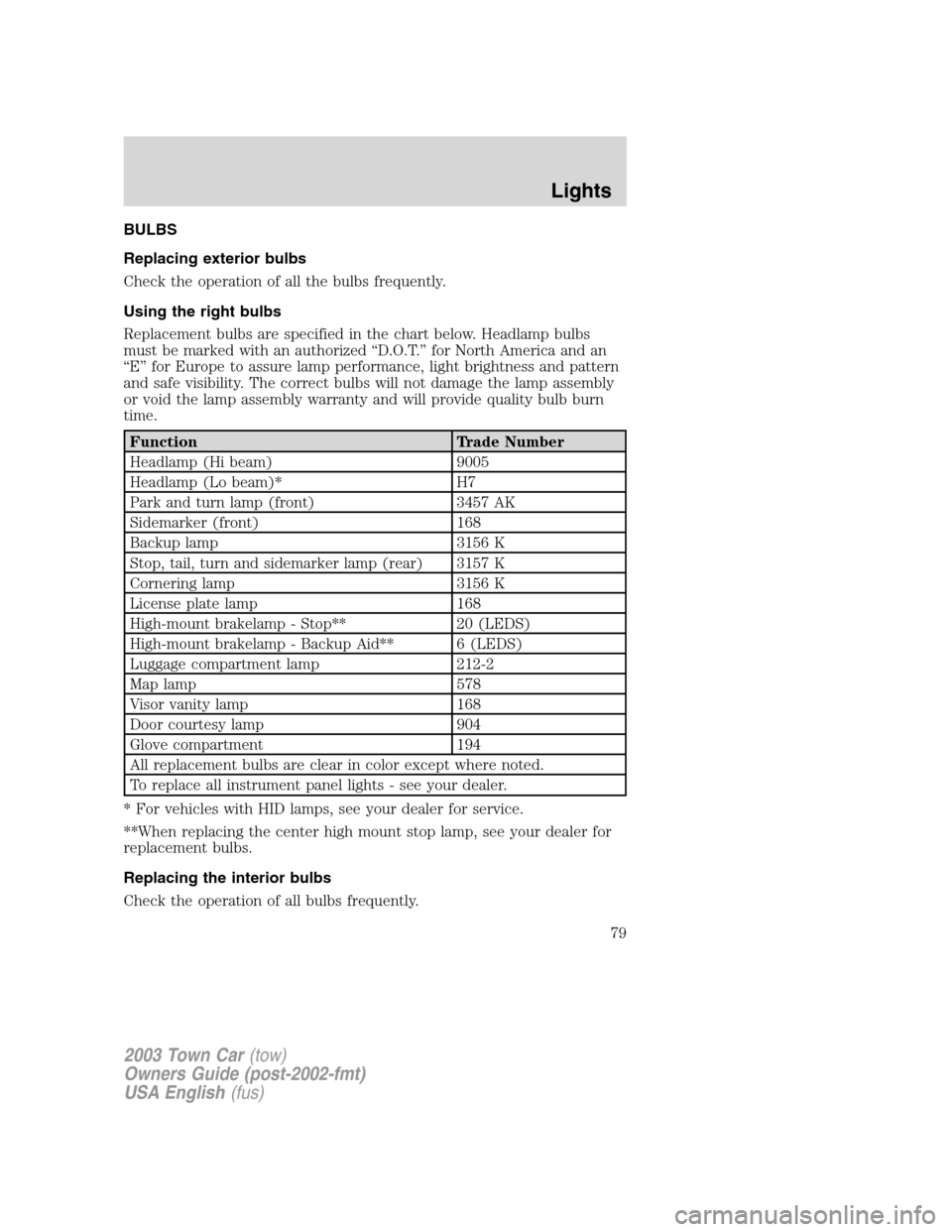 LINCOLN TOWN CAR 2003  Owners Manual BULBS
Replacing exterior bulbs
Check the operation of all the bulbs frequently.
Using the right bulbs
Replacement bulbs are specified in the chart below. Headlamp bulbs
must be marked with an authoriz