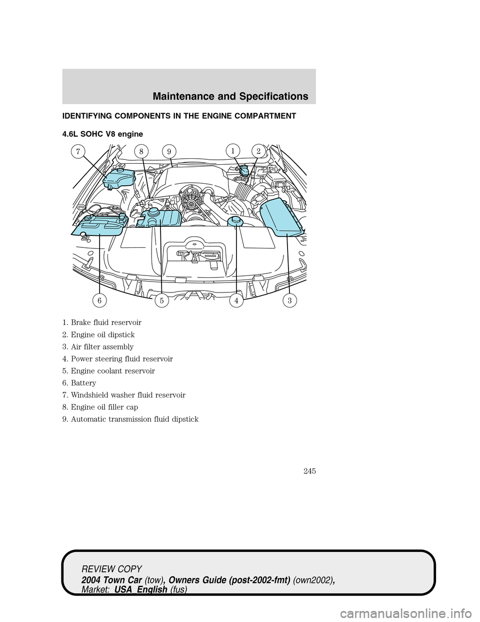LINCOLN TOWN CAR 2004 Owners Manual IDENTIFYING COMPONENTS IN THE ENGINE COMPARTMENT
4.6L SOHC V8 engine
1. Brake fluid reservoir
2. Engine oil dipstick
3. Air filter assembly
4. Power steering fluid reservoir
5. Engine coolant reservoi LINCOLN TOWN CAR 2004 Owners Manual IDENTIFYING COMPONENTS IN THE ENGINE COMPARTMENT
4.6L SOHC V8 engine
1. Brake fluid reservoir
2. Engine oil dipstick
3. Air filter assembly
4. Power steering fluid reservoir
5. Engine coolant reservoi