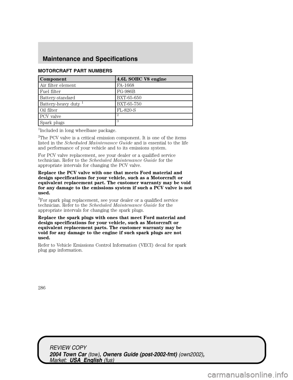 LINCOLN TOWN CAR 2004 Owners Manual MOTORCRAFT PART NUMBERS
Component 4.6L SOHC V8 engine
Air filter element FA-1668
Fuel filter FG-986B
Battery-standard BXT-65-650
Battery-heavy duty
1BXT-65-750
Oil filter FL-820-S
PCV valve
2
Spark pl