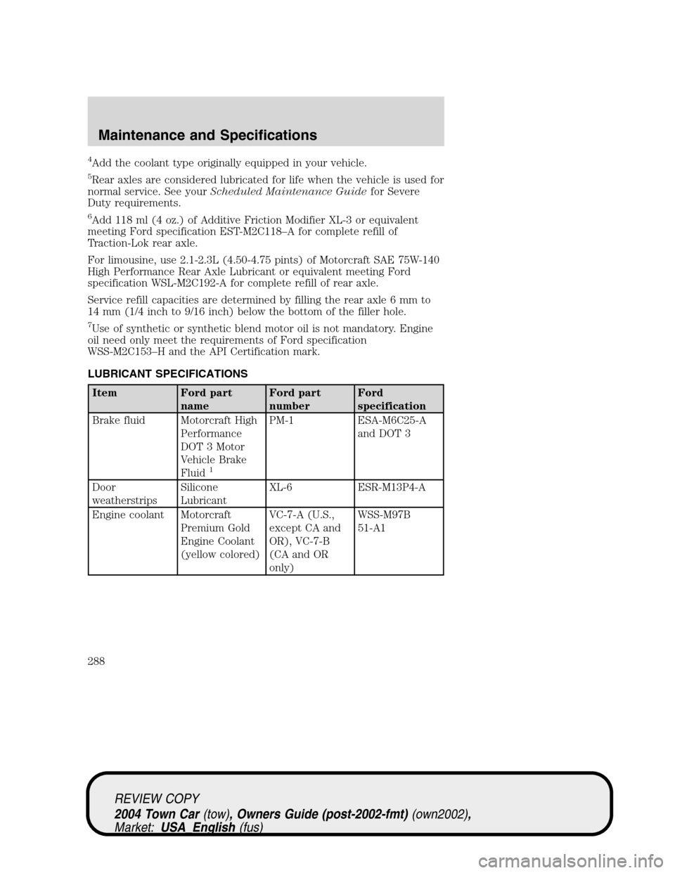 LINCOLN TOWN CAR 2004 Owners Manual 4Add the coolant type originally equipped in your vehicle.
5Rear axles are considered lubricated for life when the vehicle is used for
normal service. See yourScheduled Maintenance Guidefor Severe
Dut LINCOLN TOWN CAR 2004 Owners Manual 4Add the coolant type originally equipped in your vehicle.
5Rear axles are considered lubricated for life when the vehicle is used for
normal service. See yourScheduled Maintenance Guidefor Severe
Dut