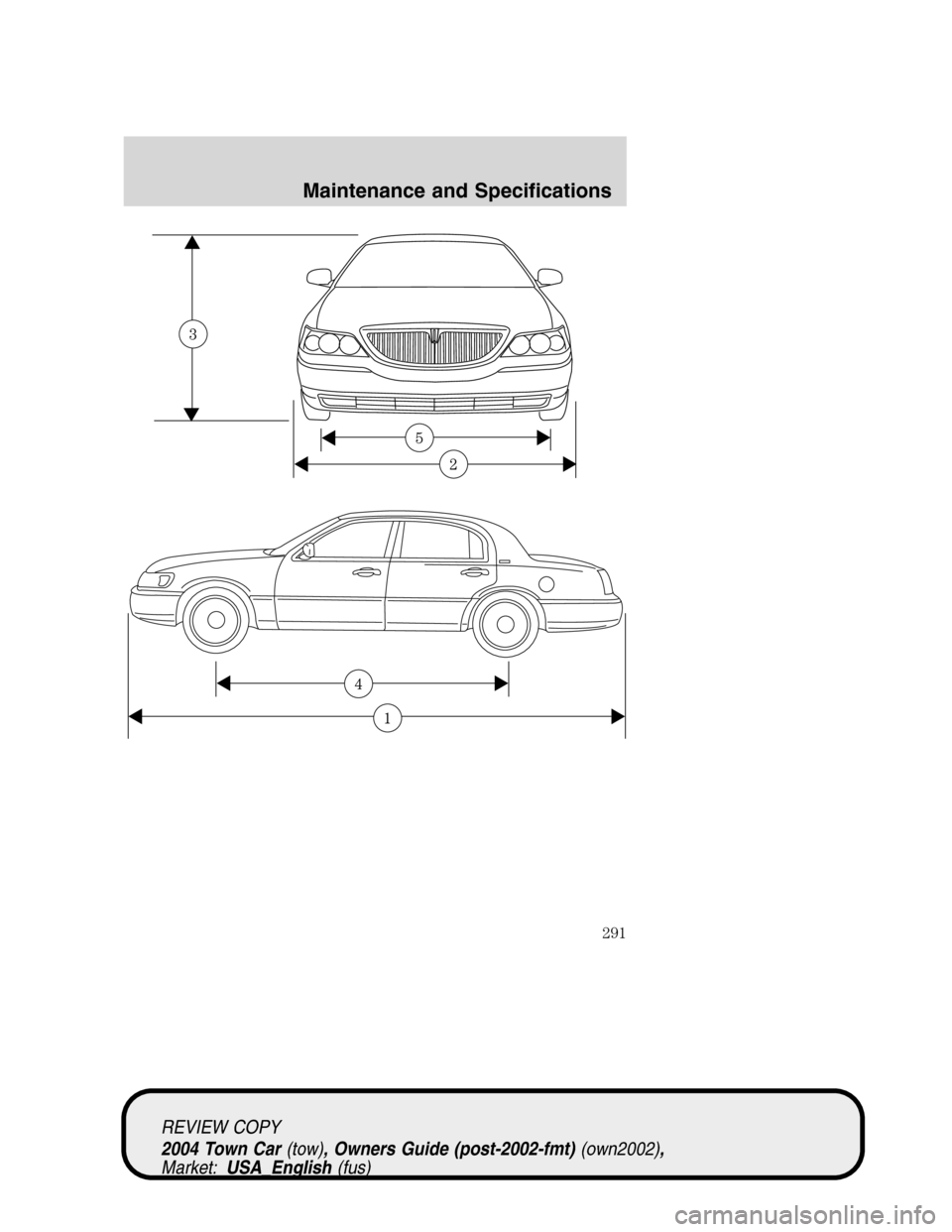 LINCOLN TOWN CAR 2004  Owners Manual REVIEW COPY
2004 Town Car(tow), Owners Guide (post-2002-fmt)(own2002),
Market:USA_English(fus)
Maintenance and Specifications
291 