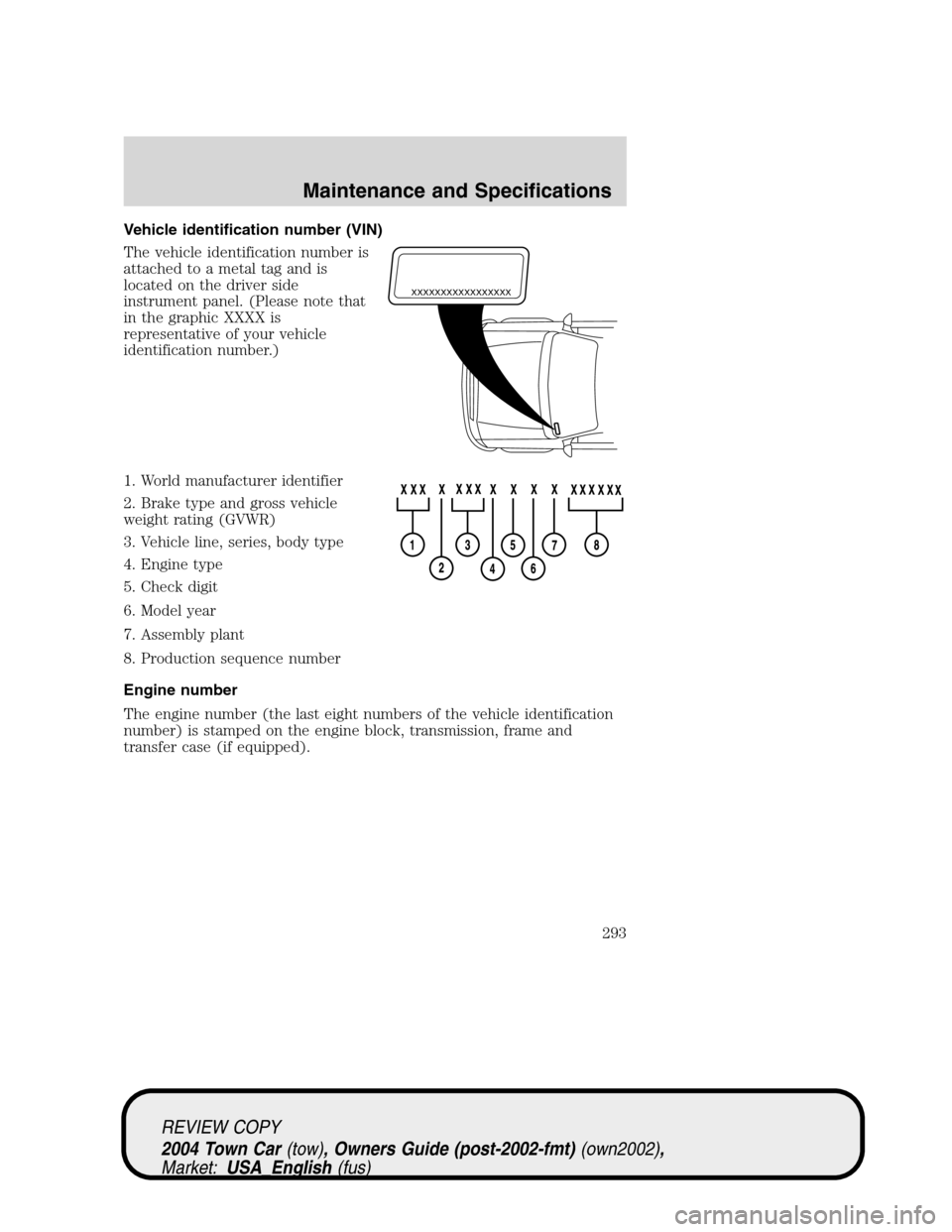 LINCOLN TOWN CAR 2004 Owners Manual Vehicle identification number (VIN)
The vehicle identification number is
attached to a metal tag and is
located on the driver side
instrument panel. (Please note that
in the graphic XXXX is
representa LINCOLN TOWN CAR 2004 Owners Manual Vehicle identification number (VIN)
The vehicle identification number is
attached to a metal tag and is
located on the driver side
instrument panel. (Please note that
in the graphic XXXX is
representa