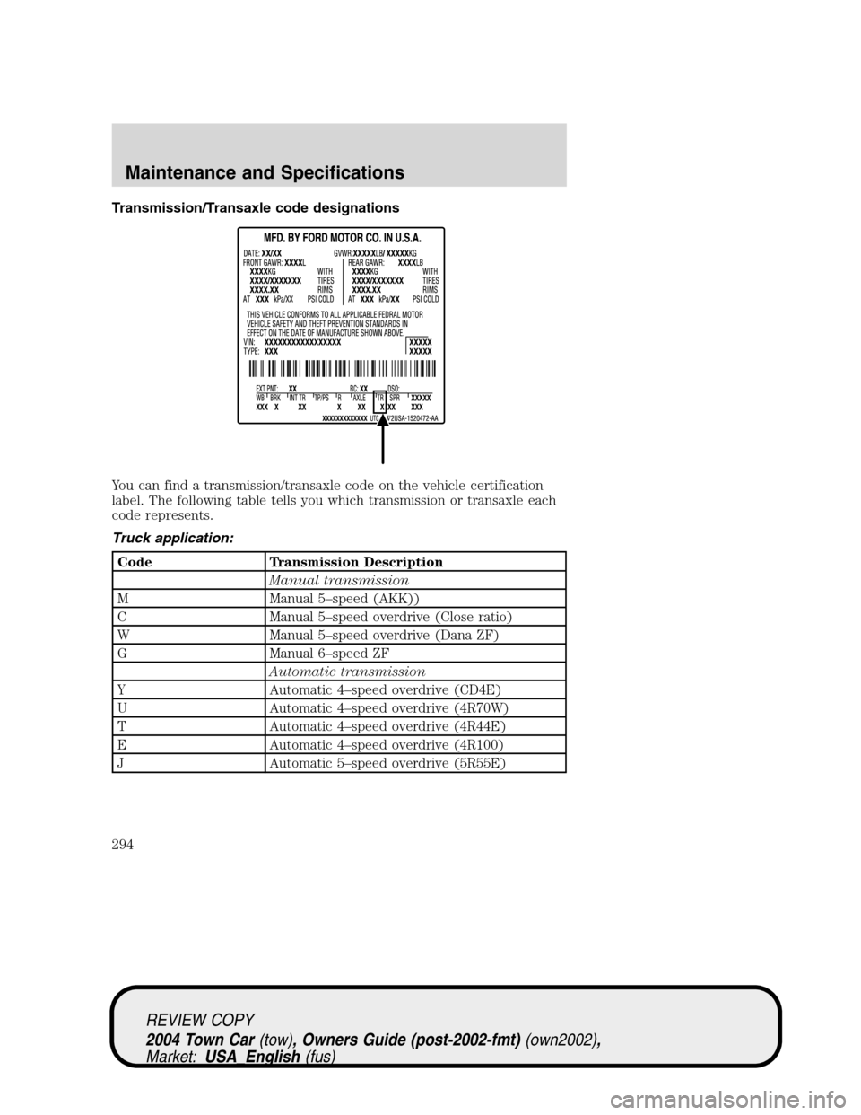 LINCOLN TOWN CAR 2004  Owners Manual Transmission/Transaxle code designations
You can find a transmission/transaxle code on the vehicle certification
label. The following table tells you which transmission or transaxle each
code represen