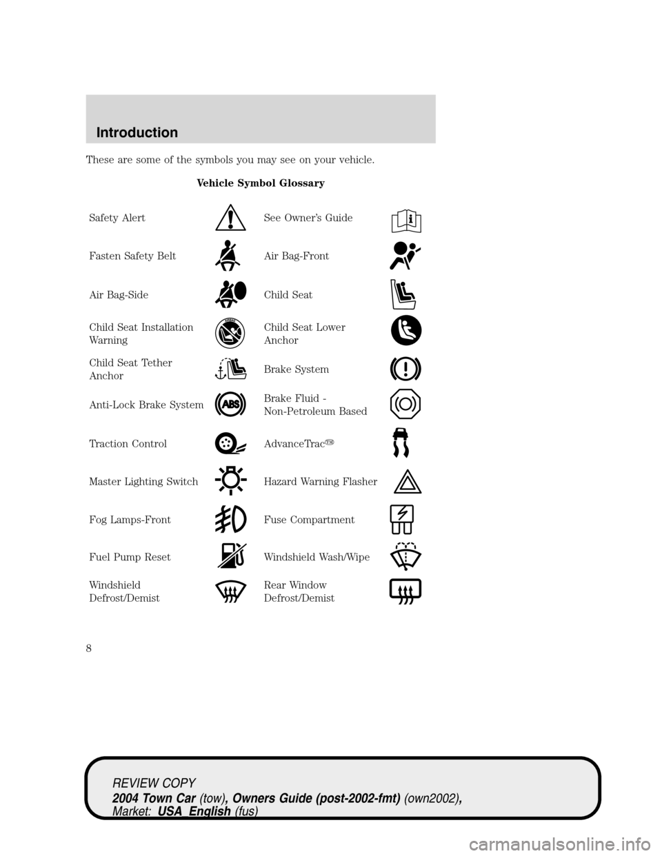 LINCOLN TOWN CAR 2004 Owners Manual These are some of the symbols you may see on your vehicle.
Vehicle Symbol Glossary
Safety Alert
See Owner’s Guide
Fasten Safety BeltAir Bag-Front
Air Bag-SideChild Seat
Child Seat Installation
Warni LINCOLN TOWN CAR 2004 Owners Manual These are some of the symbols you may see on your vehicle.
Vehicle Symbol Glossary
Safety Alert
See Owner’s Guide
Fasten Safety BeltAir Bag-Front
Air Bag-SideChild Seat
Child Seat Installation
Warni