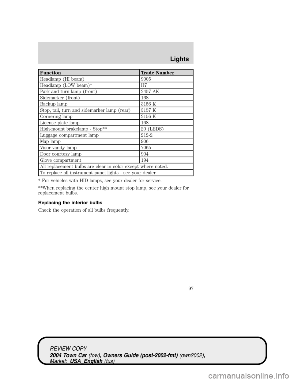 LINCOLN TOWN CAR 2004  Owners Manual Function Trade Number
Headlamp (HI beam) 9005
Headlamp (LOW beam)* H7
Park and turn lamp (front) 3457 AK
Sidemarker (front) 168
Backup lamp 3156 K
Stop, tail, turn and sidemarker lamp (rear) 3157 K
Co