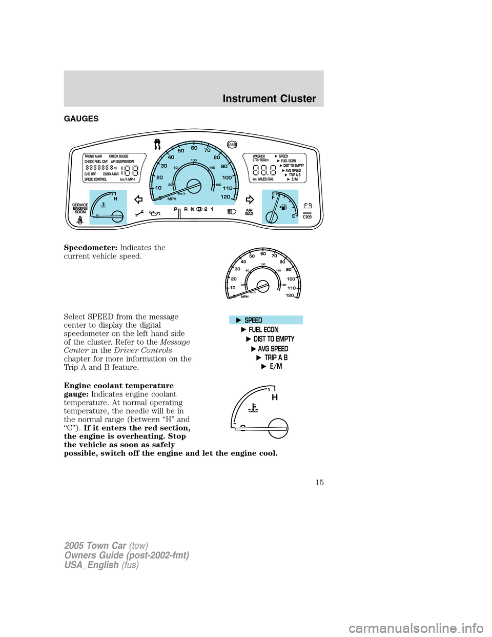 LINCOLN TOWN CAR 2005 Owners Manual GAUGES
Speedometer:Indicates the
current vehicle speed.
Select SPEED from the message
center to display the digital
speedometer on the left hand side
of the cluster. Refer to theMessage
Centerin theDr LINCOLN TOWN CAR 2005 Owners Manual GAUGES
Speedometer:Indicates the
current vehicle speed.
Select SPEED from the message
center to display the digital
speedometer on the left hand side
of the cluster. Refer to theMessage
Centerin theDr