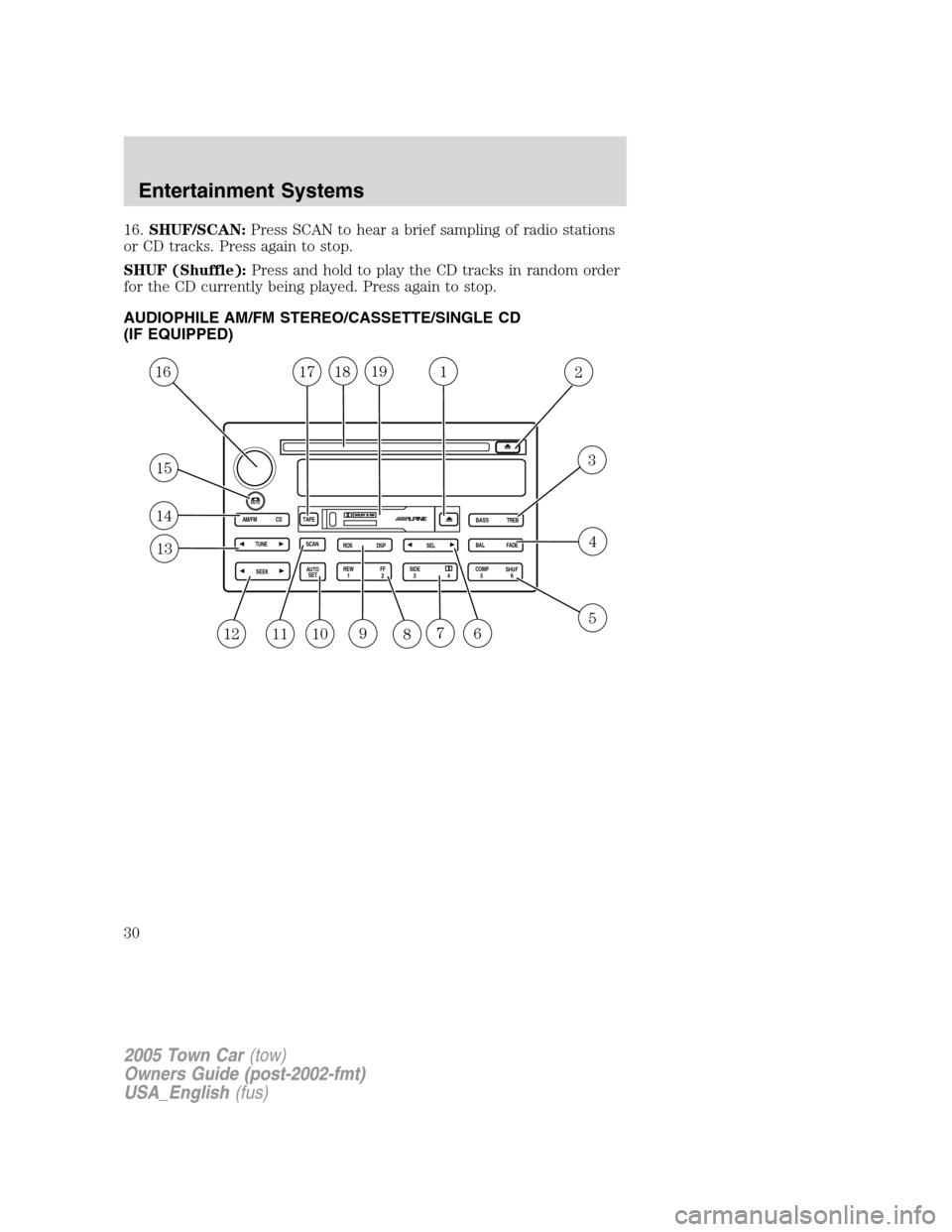 LINCOLN TOWN CAR 2005 Owners Manual 16.SHUF/SCAN:Press SCAN to hear a brief sampling of radio stations
or CD tracks. Press again to stop.
SHUF (Shuffle):Press and hold to play the CD tracks in random order
for the CD currently being pla LINCOLN TOWN CAR 2005 Owners Manual 16.SHUF/SCAN:Press SCAN to hear a brief sampling of radio stations
or CD tracks. Press again to stop.
SHUF (Shuffle):Press and hold to play the CD tracks in random order
for the CD currently being pla