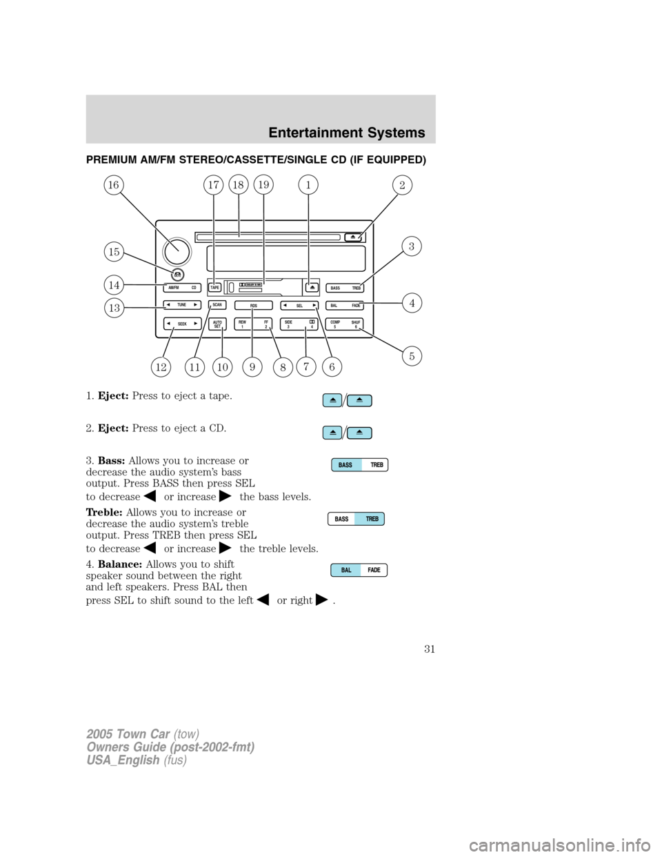 LINCOLN TOWN CAR 2005 Owners Guide PREMIUM AM/FM STEREO/CASSETTE/SINGLE CD (IF EQUIPPED)
1.Eject:Press to eject a tape.
2.Eject:Press to eject a CD.
3.Bass:Allows you to increase or
decrease the audio system’s bass
output. Press BASS