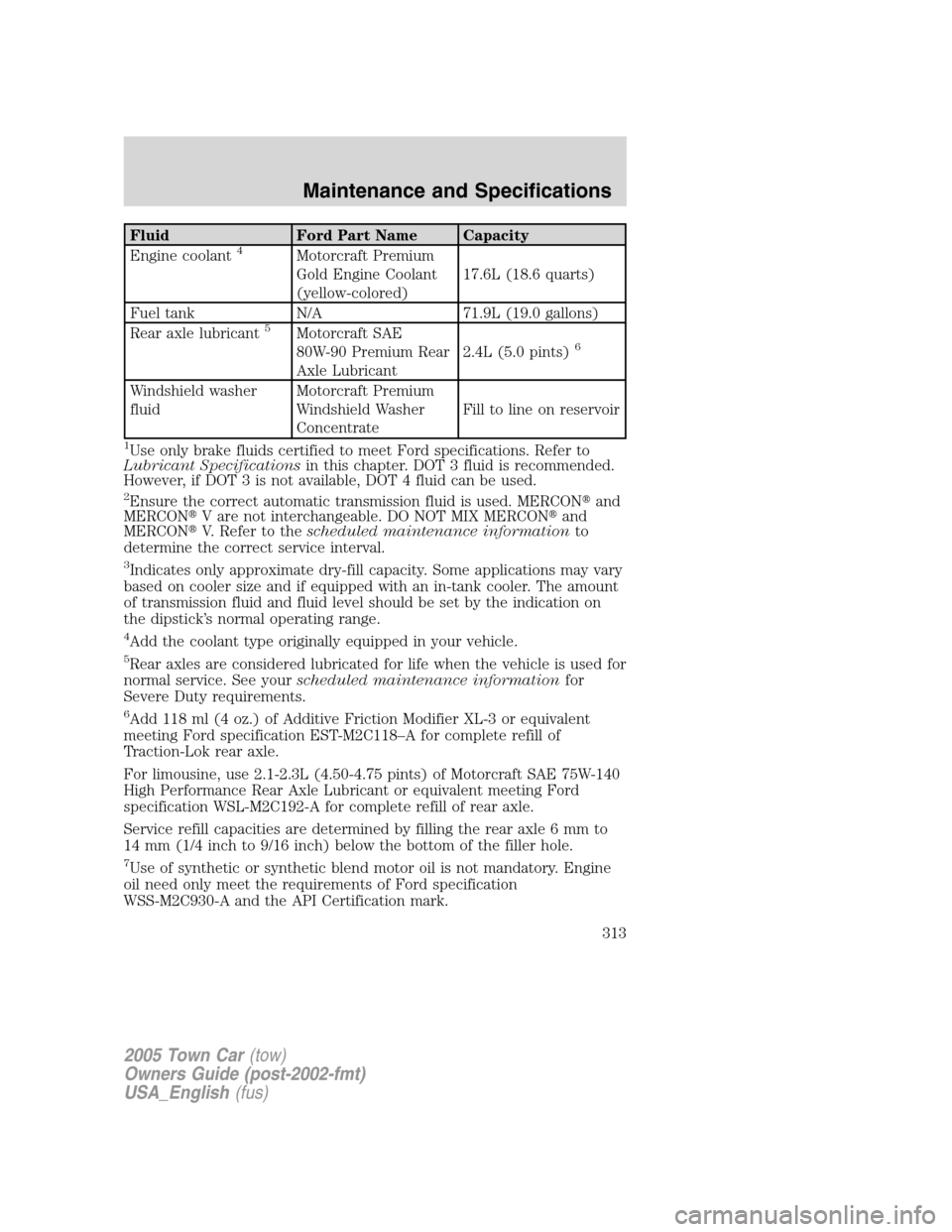 LINCOLN TOWN CAR 2005  Owners Manual Fluid Ford Part Name Capacity
Engine coolant4Motorcraft Premium
Gold Engine Coolant
(yellow-colored)17.6L (18.6 quarts)
Fuel tank N/A 71.9L (19.0 gallons)
Rear axle lubricant
5Motorcraft SAE
80W-90 Pr