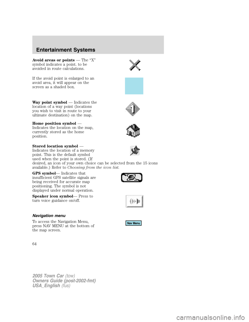 LINCOLN TOWN CAR 2005 Repair Manual Avoid areas or points— The “X”
symbol indicates a point. to be
avoided in route calculations.
If the avoid point is enlarged to an
avoid area, it will appear on the
screen as a shaded box.
Way p LINCOLN TOWN CAR 2005 Repair Manual Avoid areas or points— The “X”
symbol indicates a point. to be
avoided in route calculations.
If the avoid point is enlarged to an
avoid area, it will appear on the
screen as a shaded box.
Way p