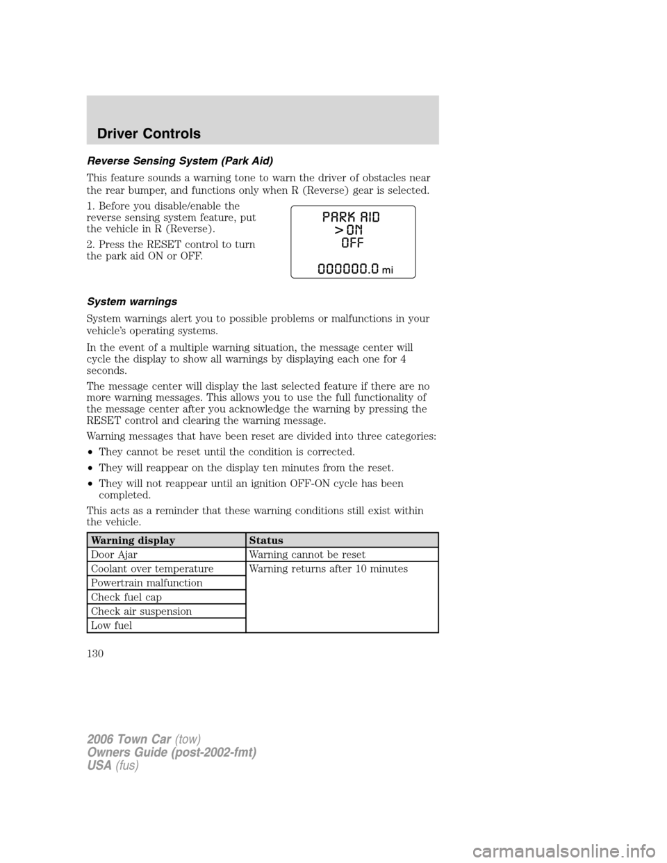 LINCOLN TOWN CAR 2006 User Guide Reverse Sensing System (Park Aid)
This feature sounds a warning tone to warn the driver of obstacles near
the rear bumper, and functions only when R (Reverse) gear is selected.
1. Before you disable/e