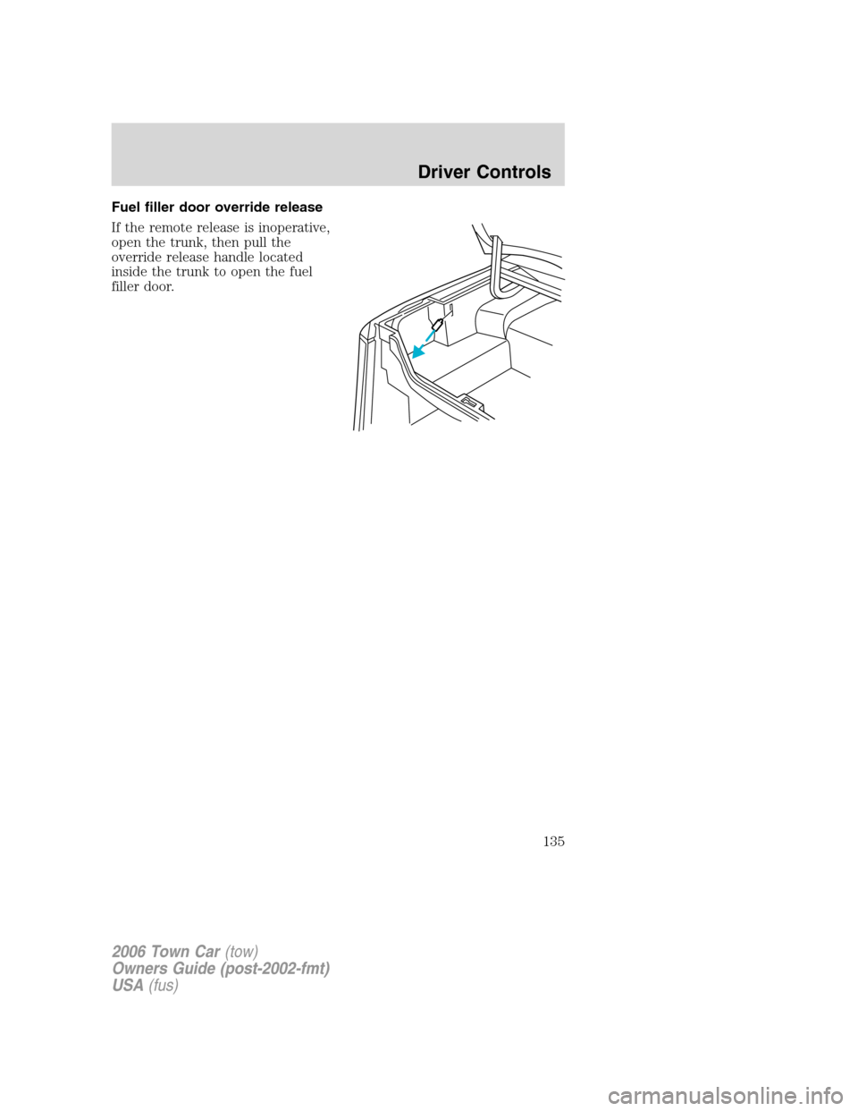 LINCOLN TOWN CAR 2006  Owners Manual Fuel filler door override release
If the remote release is inoperative,
open the trunk, then pull the
override release handle located
inside the trunk to open the fuel
filler door.
2006 Town Car(tow)
