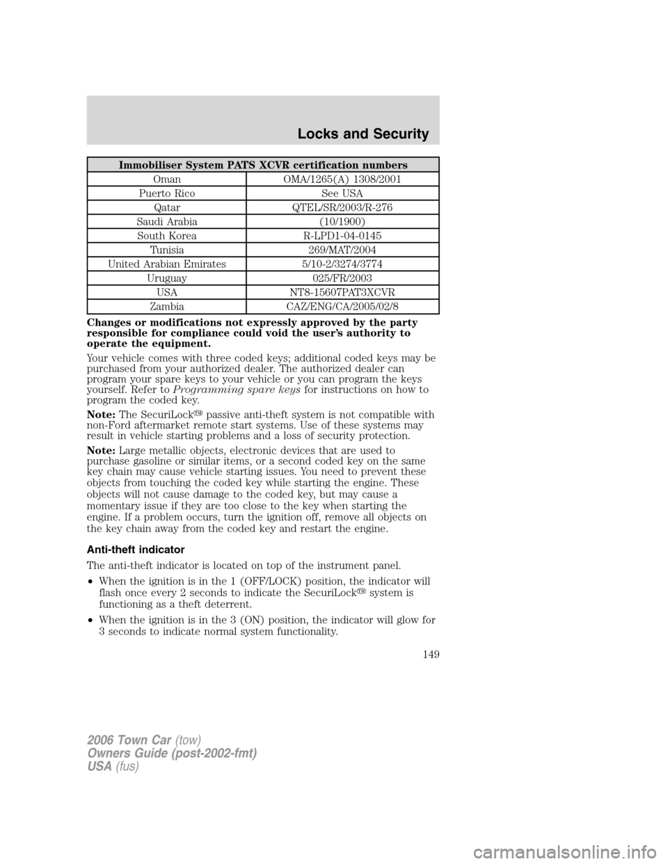 LINCOLN TOWN CAR 2006  Owners Manual Immobiliser System PATS XCVR certification numbers
Oman OMA/1265(A) 1308/2001
Puerto Rico See USA
Qatar QTEL/SR/2003/R-276
Saudi Arabia (10/1900)
South Korea R-LPD1-04-0145
Tunisia 269/MAT/2004
United