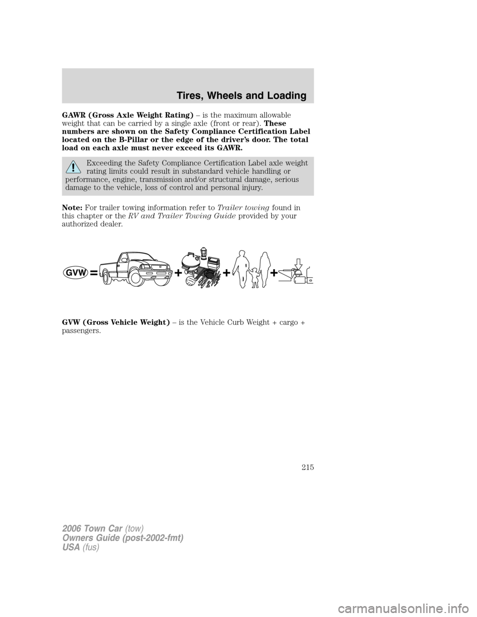 LINCOLN TOWN CAR 2006  Owners Manual GAWR (Gross Axle Weight Rating)– is the maximum allowable
weight that can be carried by a single axle (front or rear).These
numbers are shown on the Safety Compliance Certification Label
located on 