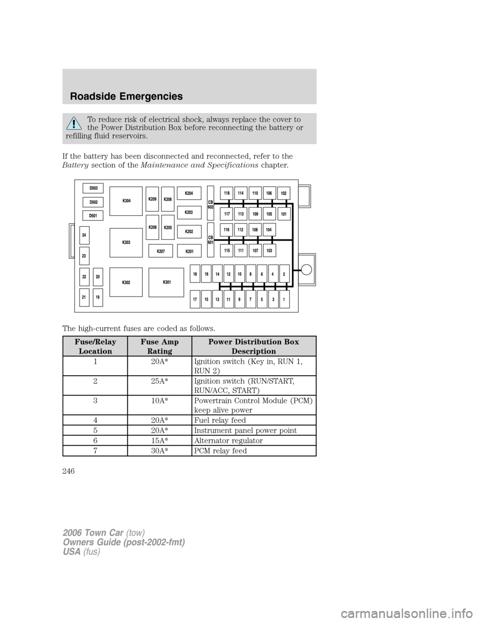 LINCOLN TOWN CAR 2006 User Guide To reduce risk of electrical shock, always replace the cover to
the Power Distribution Box before reconnecting the battery or
refilling fluid reservoirs.
If the battery has been disconnected and recon