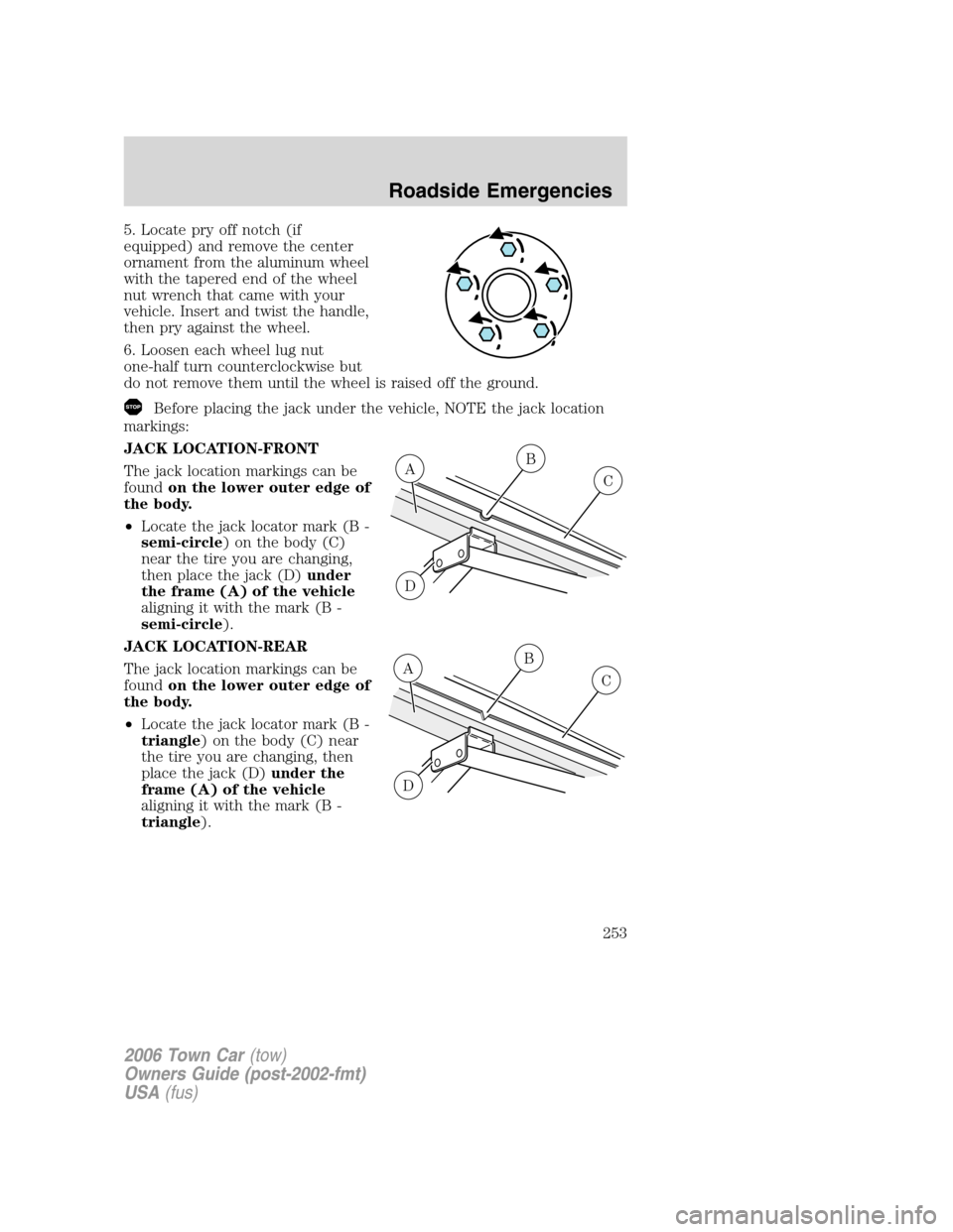 LINCOLN TOWN CAR 2006  Owners Manual 5. Locate pry off notch (if
equipped) and remove the center
ornament from the aluminum wheel
with the tapered end of the wheel
nut wrench that came with your
vehicle. Insert and twist the handle,
then