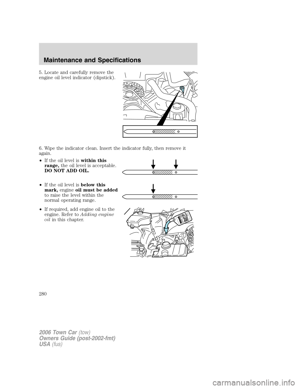 LINCOLN TOWN CAR 2006  Owners Manual 5. Locate and carefully remove the
engine oil level indicator (dipstick).
6. Wipe the indicator clean. Insert the indicator fully, then remove it
again.
•If the oil level iswithin this
range,the oil