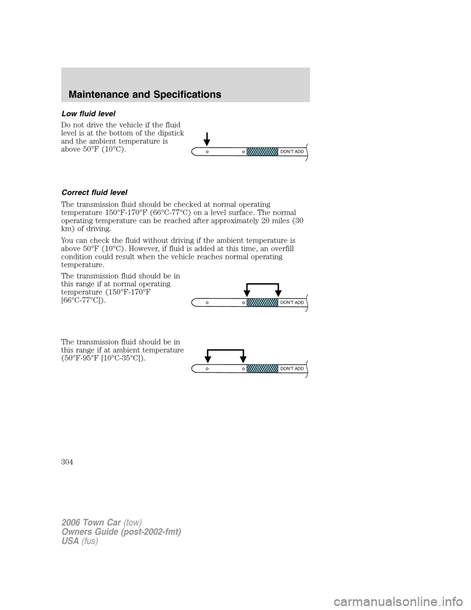 LINCOLN TOWN CAR 2006 Service Manual Low fluid level
Do not drive the vehicle if the fluid
level is at the bottom of the dipstick
and the ambient temperature is
above 50°F (10°C).
Correct fluid level
The transmission fluid should be ch