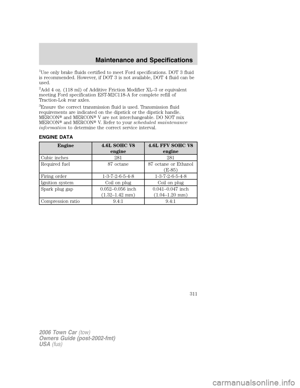 LINCOLN TOWN CAR 2006 Workshop Manual 1Use only brake fluids certified to meet Ford specifications. DOT 3 fluid
is recommended. However, if DOT 3 is not available, DOT 4 fluid can be
used.
2Add 4 oz. (118 ml) of Additive Friction Modifier