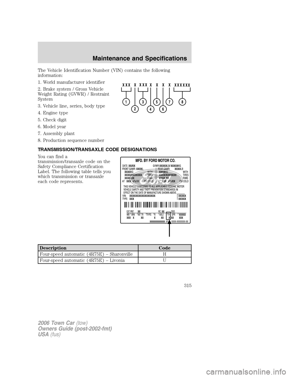 LINCOLN TOWN CAR 2006 Service Manual The Vehicle Identification Number (VIN) contains the following
information:
1. World manufacturer identifier
2. Brake system / Gross Vehicle
Weight Rating (GVWR) / Restraint
System
3. Vehicle line, se