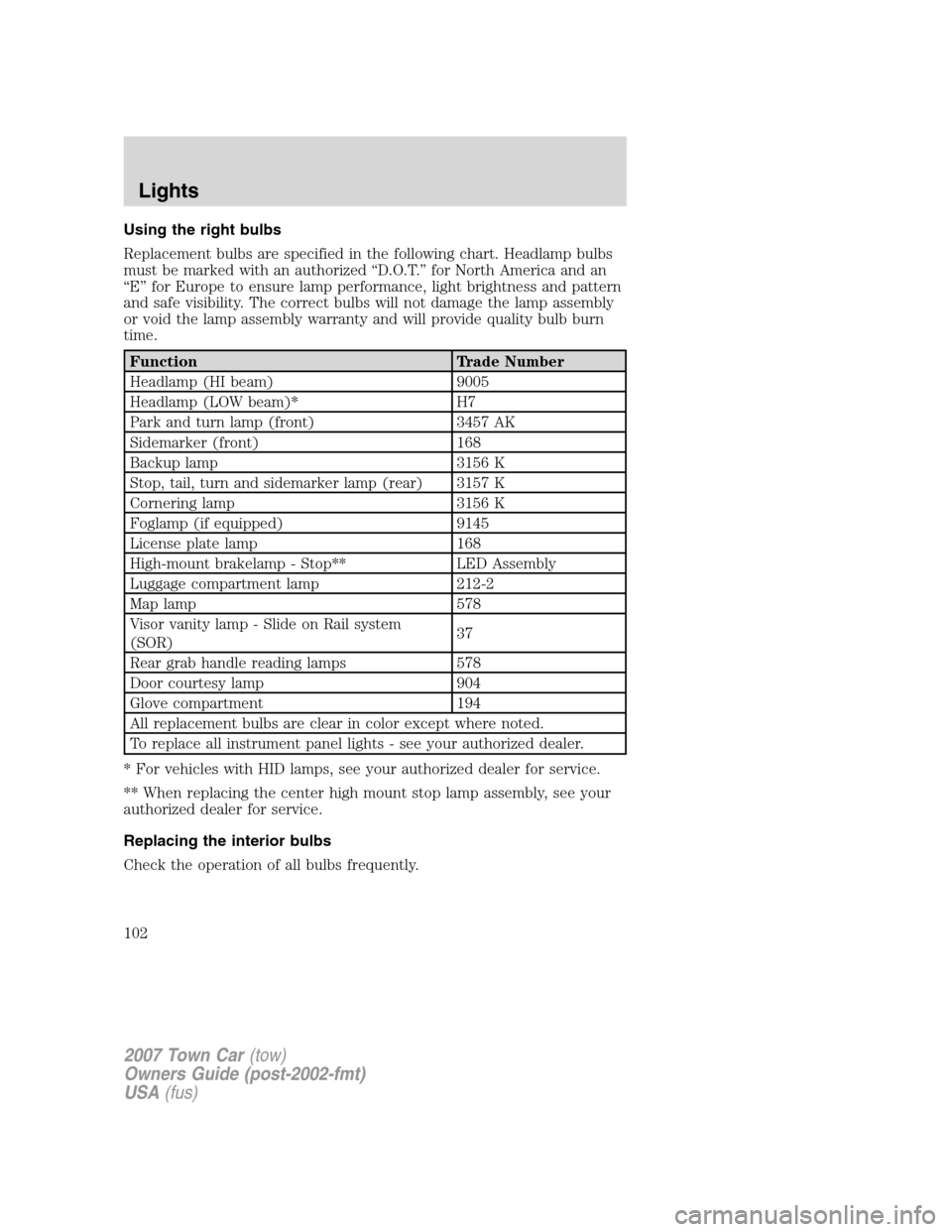 LINCOLN TOWN CAR 2007  Owners Manual Using the right bulbs
Replacement bulbs are specified in the following chart. Headlamp bulbs
must be marked with an authorized “D.O.T.” for North America and an
“E” for Europe to ensure lamp p