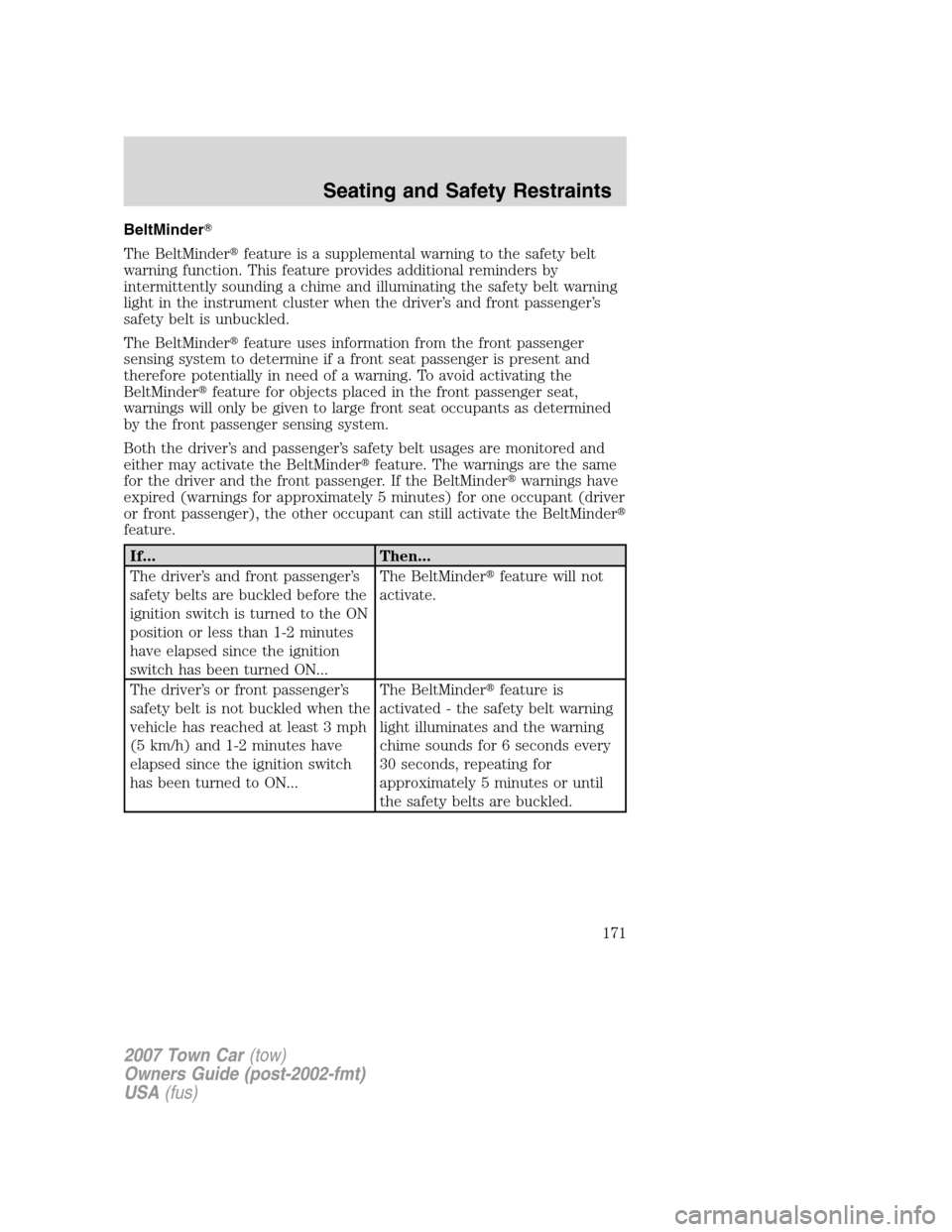 LINCOLN TOWN CAR 2007 Owners Manual BeltMinder
The BeltMinderfeature is a supplemental warning to the safety belt
warning function. This feature provides additional reminders by
intermittently sounding a chime and illuminating the saf