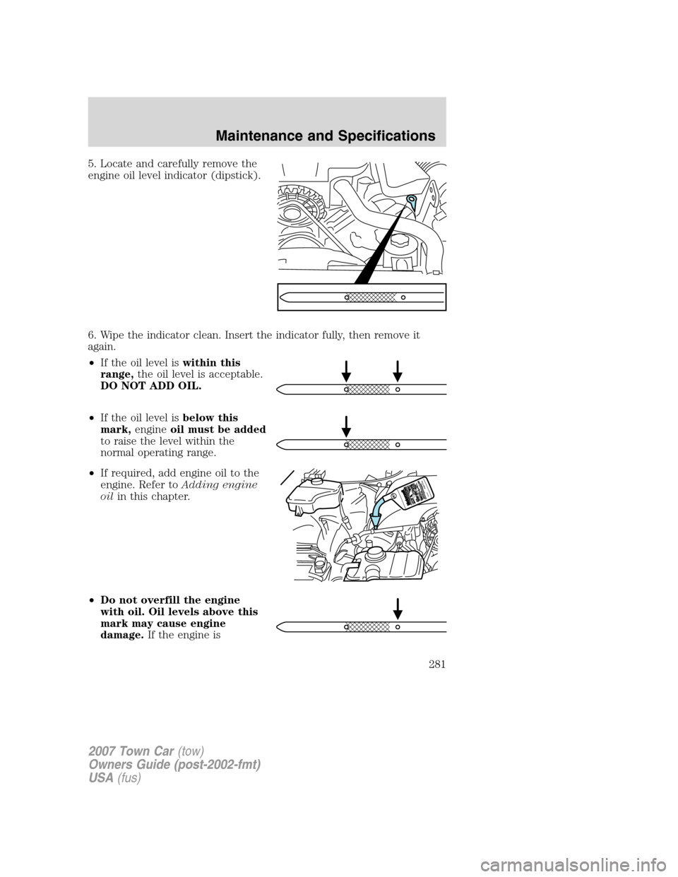 LINCOLN TOWN CAR 2007  Owners Manual 5. Locate and carefully remove the
engine oil level indicator (dipstick).
6. Wipe the indicator clean. Insert the indicator fully, then remove it
again.
•If the oil level iswithin this
range,the oil