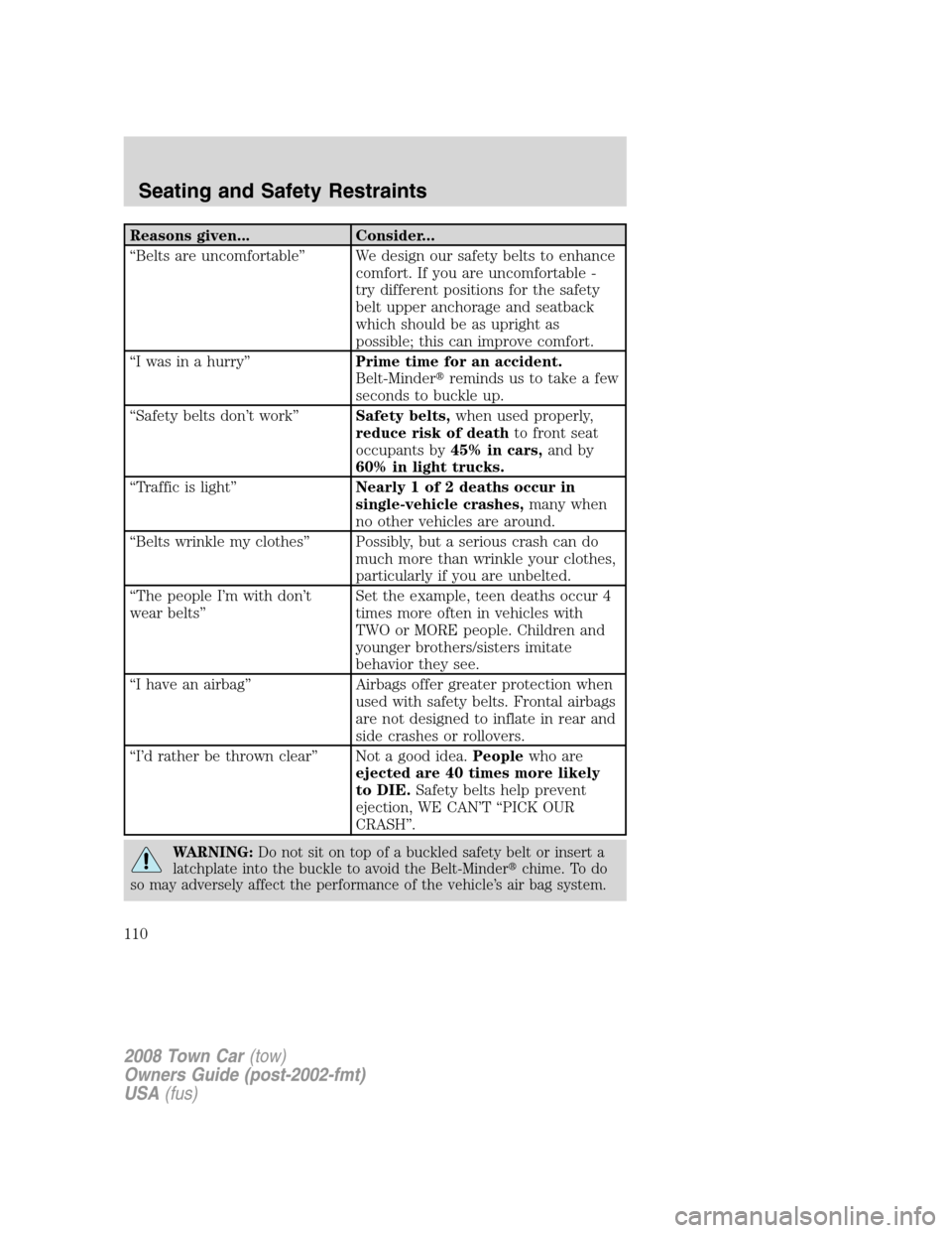 LINCOLN TOWN CAR 2008 Owners Manual Reasons given... Consider...
“Belts are uncomfortable” We design our safety belts to enhance
comfort. If you are uncomfortable -
try different positions for the safety
belt upper anchorage and sea LINCOLN TOWN CAR 2008 Owners Manual Reasons given... Consider...
“Belts are uncomfortable” We design our safety belts to enhance
comfort. If you are uncomfortable -
try different positions for the safety
belt upper anchorage and sea
