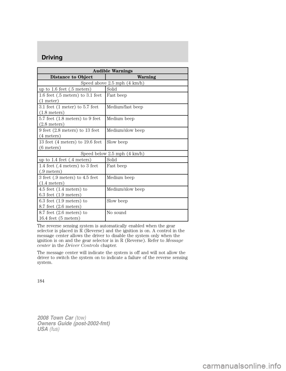 LINCOLN TOWN CAR 2008  Owners Manual Audible Warnings
Distance to Object Warning
Speed above 2.5 mph (4 km/h)
up to 1.6 feet (.5 meters) Solid
1.6 feet (.5 meters) to 3.1 feet
(1 meter)Fast beep
3.1 feet (1 meter) to 5.7 feet
(1.8 meters