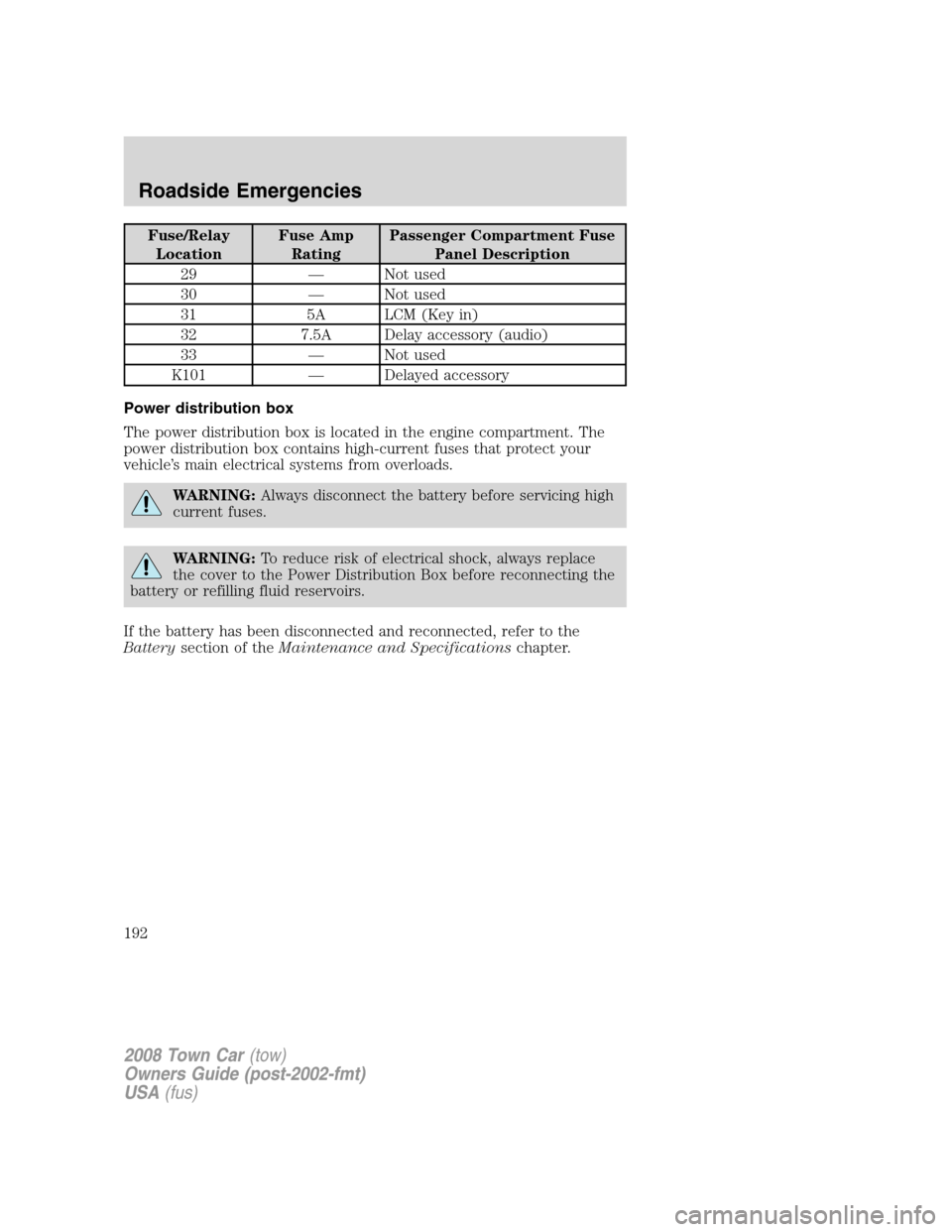 LINCOLN TOWN CAR 2008 User Guide Fuse/Relay
LocationFuse Amp
RatingPassenger Compartment Fuse
Panel Description
29 — Not used
30 — Not used
31 5A LCM (Key in)
32 7.5A Delay accessory (audio)
33 — Not used
K101 — Delayed acces