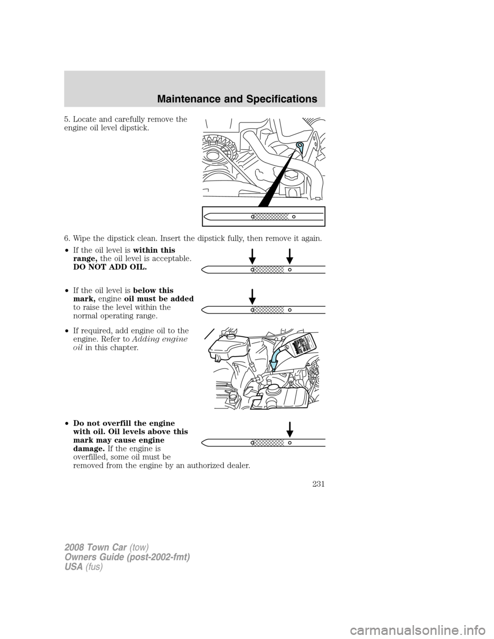 LINCOLN TOWN CAR 2008  Owners Manual 5. Locate and carefully remove the
engine oil level dipstick.
6. Wipe the dipstick clean. Insert the dipstick fully, then remove it again.
•If the oil level iswithin this
range,the oil level is acce