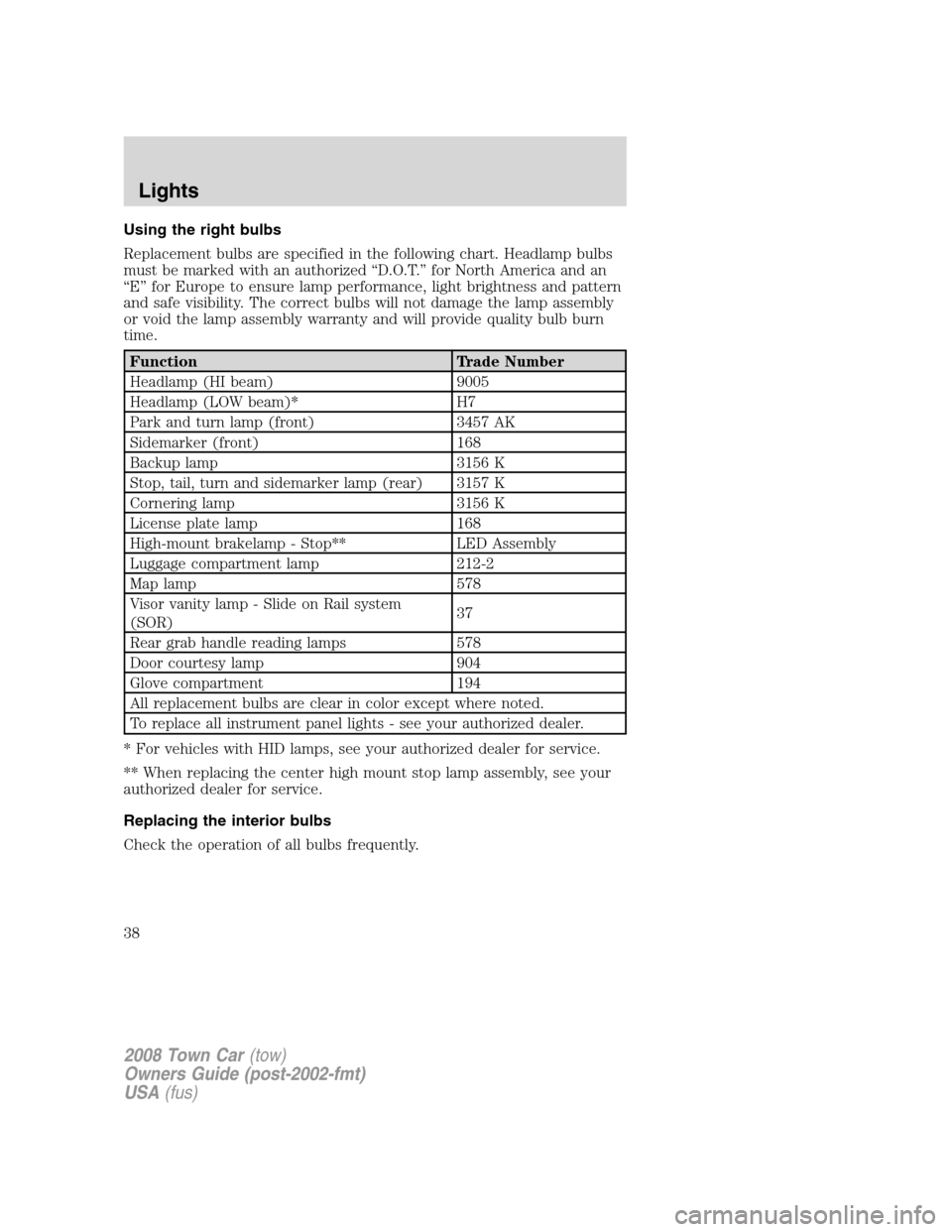 LINCOLN TOWN CAR 2008  Owners Manual Using the right bulbs
Replacement bulbs are specified in the following chart. Headlamp bulbs
must be marked with an authorized “D.O.T.” for North America and an
“E” for Europe to ensure lamp p