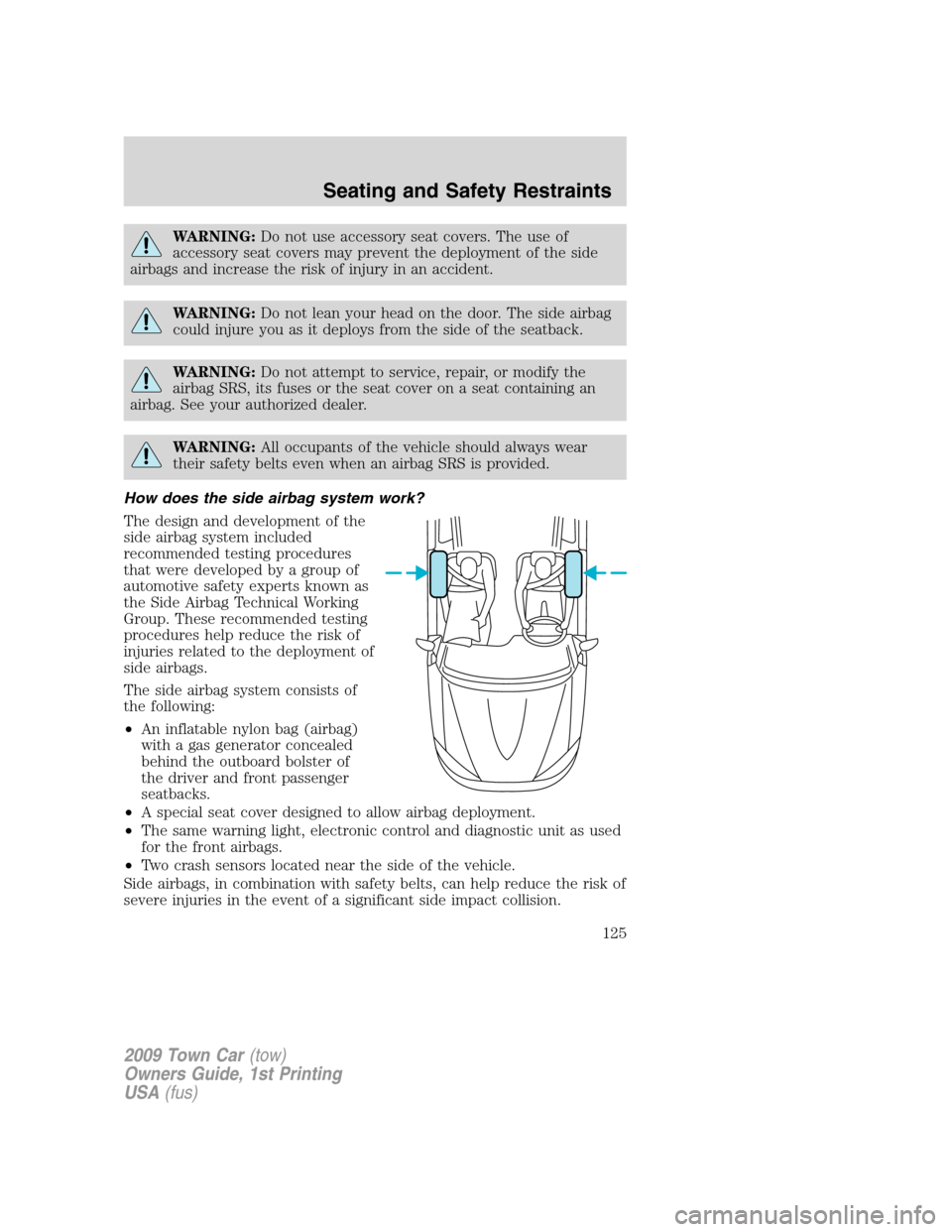 LINCOLN TOWN CAR 2009  Owners Manual WARNING:Do not use accessory seat covers. The use of
accessory seat covers may prevent the deployment of the side
airbags and increase the risk of injury in an accident.
WARNING:Do not lean your head 