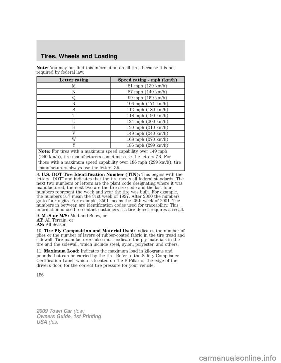 LINCOLN TOWN CAR 2009 Owners Manual Note:You may not find this information on all tires because it is not
required by federal law.
Letter rating Speed rating - mph (km/h)
M 81 mph (130 km/h)
N 87 mph (140 km/h)
Q 99 mph (159 km/h)
R 106 LINCOLN TOWN CAR 2009 Owners Manual Note:You may not find this information on all tires because it is not
required by federal law.
Letter rating Speed rating - mph (km/h)
M 81 mph (130 km/h)
N 87 mph (140 km/h)
Q 99 mph (159 km/h)
R 106