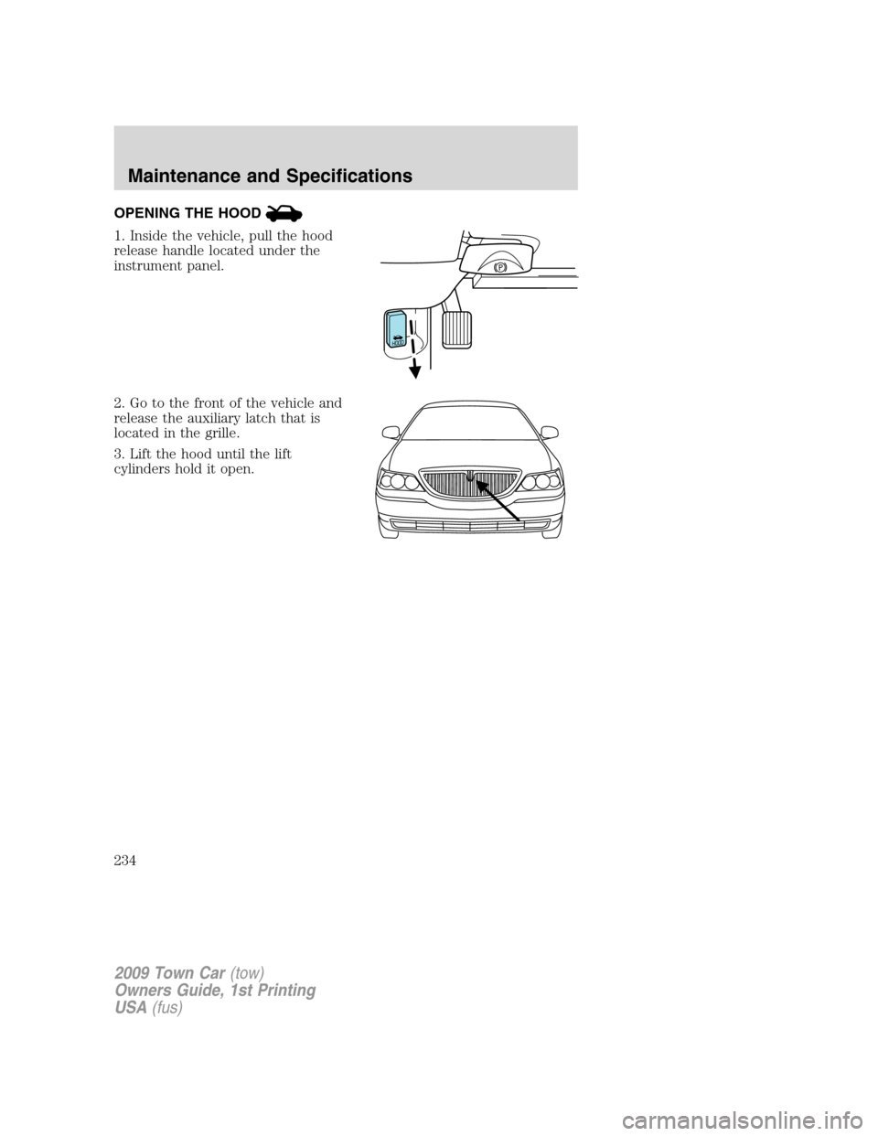 LINCOLN TOWN CAR 2009 Owners Manual OPENING THE HOOD
1. Inside the vehicle, pull the hood
release handle located under the
instrument panel.
2. Go to the front of the vehicle and
release the auxiliary latch that is
located in the grille LINCOLN TOWN CAR 2009 Owners Manual OPENING THE HOOD
1. Inside the vehicle, pull the hood
release handle located under the
instrument panel.
2. Go to the front of the vehicle and
release the auxiliary latch that is
located in the grille