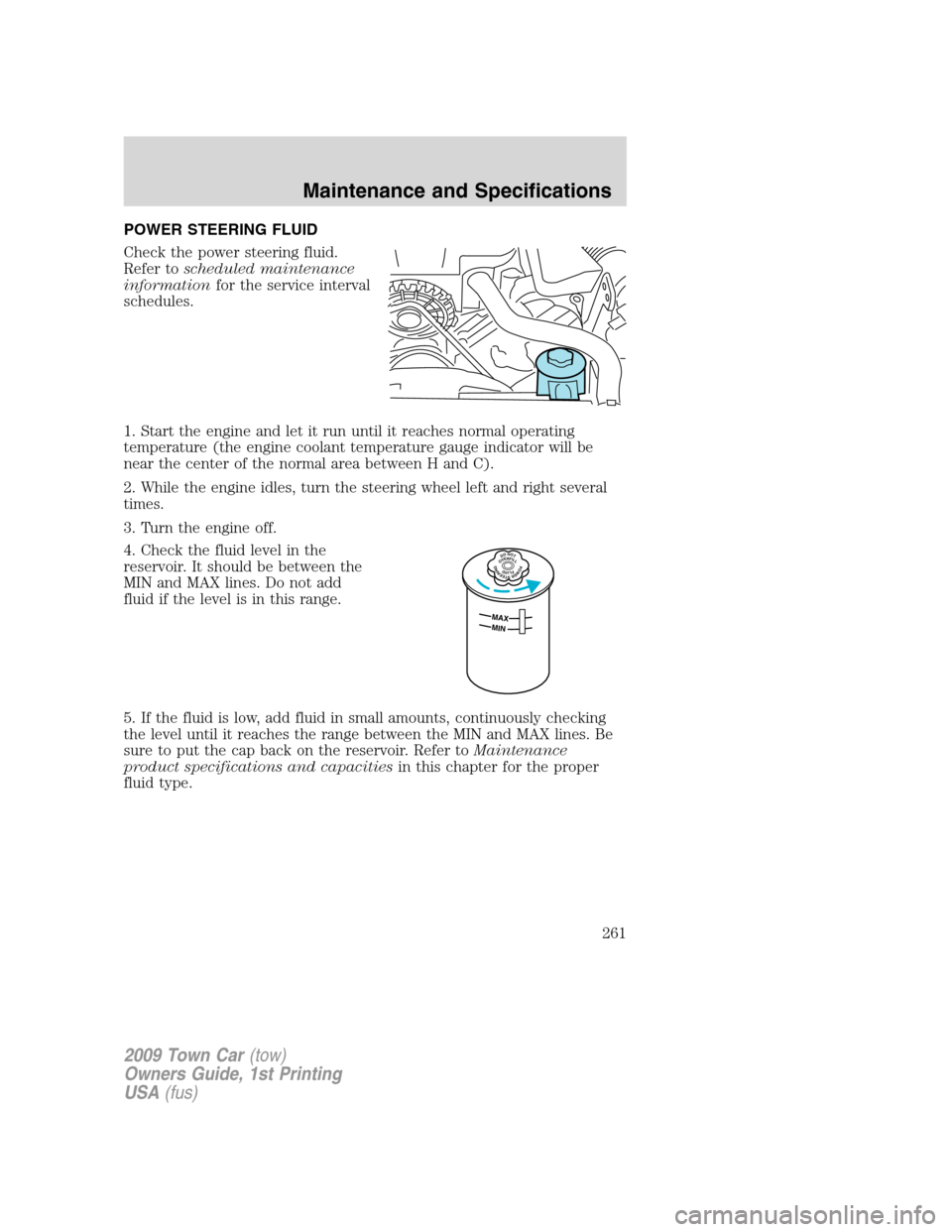 LINCOLN TOWN CAR 2009 Owners Manual POWER STEERING FLUID
Check the power steering fluid.
Refer toscheduled maintenance
informationfor the service interval
schedules.
1. Start the engine and let it run until it reaches normal operating
t