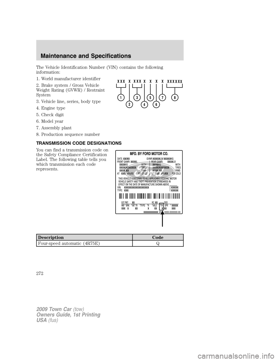 LINCOLN TOWN CAR 2009 Manual Online The Vehicle Identification Number (VIN) contains the following
information:
1. World manufacturer identifier
2. Brake system / Gross Vehicle
Weight Rating (GVWR) / Restraint
System
3. Vehicle line, se