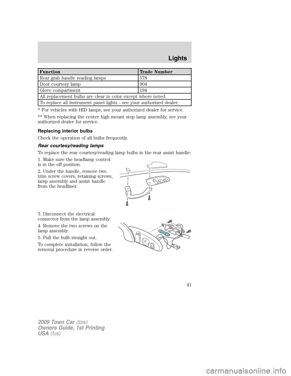 LINCOLN TOWN CAR 2009 Service Manual Function Trade Number
Rear grab handle reading lamps 578
Door courtesy lamp 904
Glove compartment 194
All replacement bulbs are clear in color except where noted.
To replace all instrument panel light