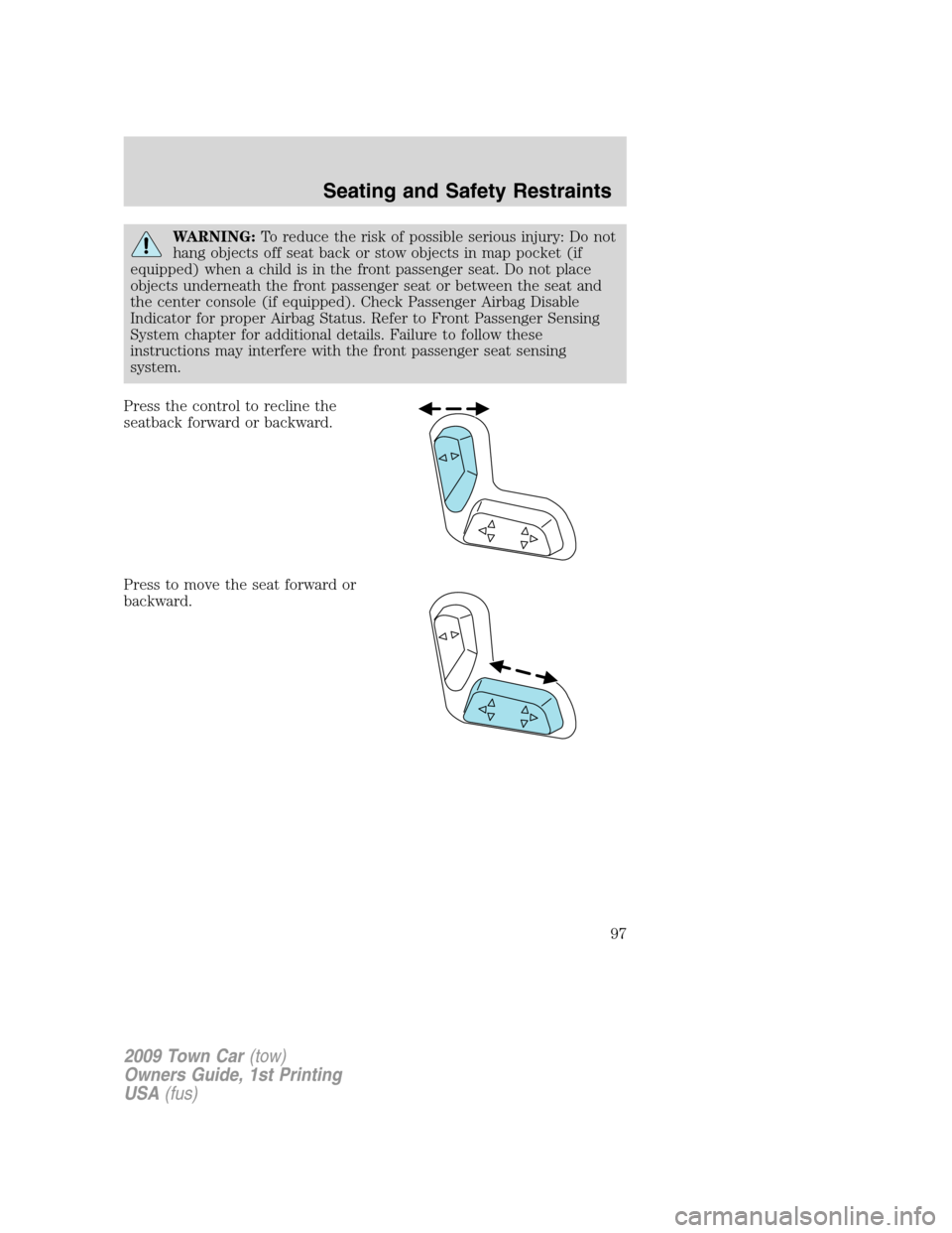 LINCOLN TOWN CAR 2009 Owners Manual WARNING:To reduce the risk of possible serious injury: Do not
hang objects off seat back or stow objects in map pocket (if
equipped) when a child is in the front passenger seat. Do not place
objects u LINCOLN TOWN CAR 2009 Owners Manual WARNING:To reduce the risk of possible serious injury: Do not
hang objects off seat back or stow objects in map pocket (if
equipped) when a child is in the front passenger seat. Do not place
objects u