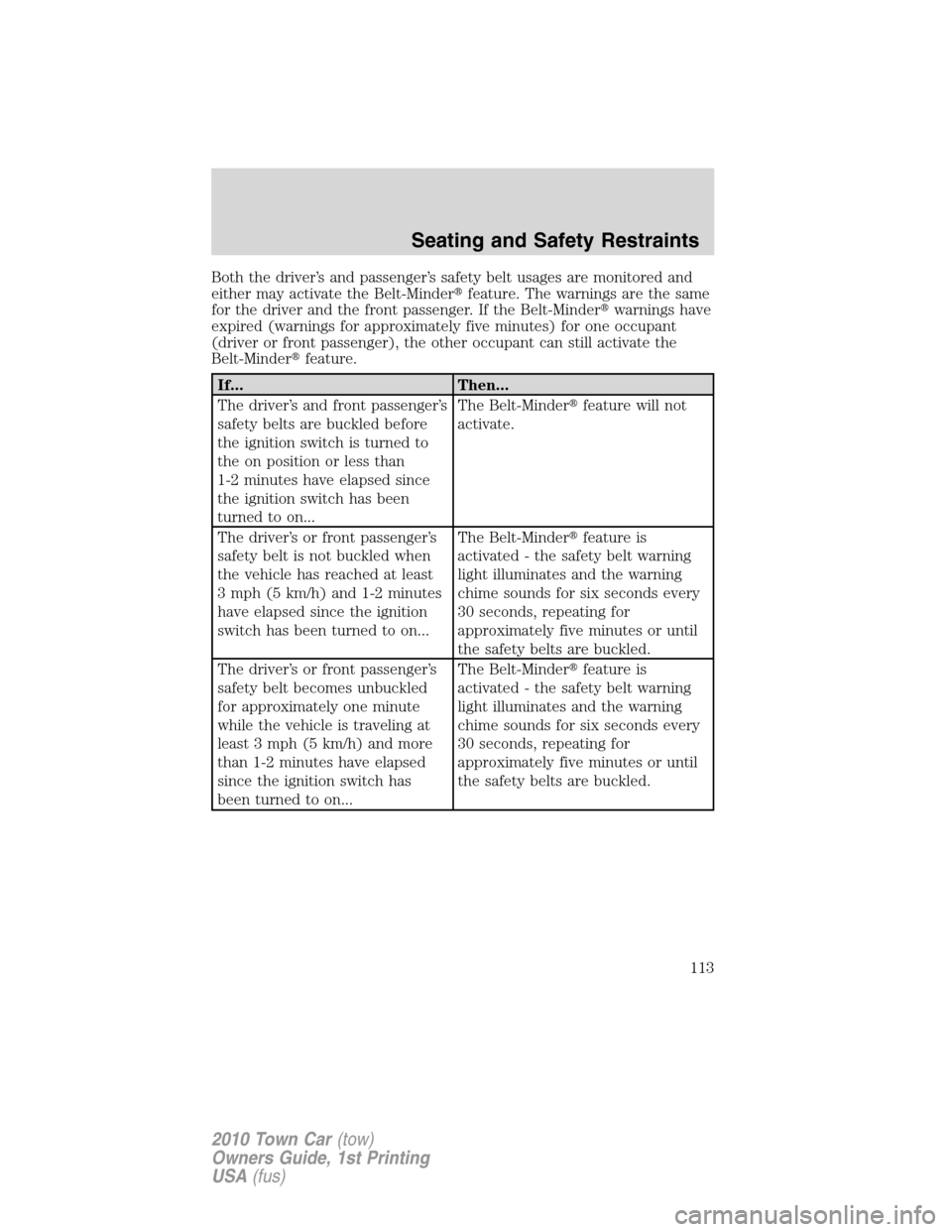 LINCOLN TOWN CAR 2010  Owners Manual Both the driver’s and passenger’s safety belt usages are monitored and
either may activate the Belt-Minderfeature. The warnings are the same
for the driver and the front passenger. If the Belt-Mi