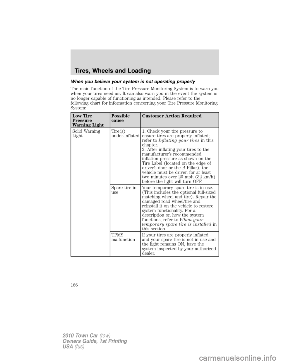 LINCOLN TOWN CAR 2010 Owners Manual When you believe your system is not operating properly
The main function of the Tire Pressure Monitoring System is to warn you
when your tires need air. It can also warn you in the event the system is LINCOLN TOWN CAR 2010 Owners Manual When you believe your system is not operating properly
The main function of the Tire Pressure Monitoring System is to warn you
when your tires need air. It can also warn you in the event the system is
