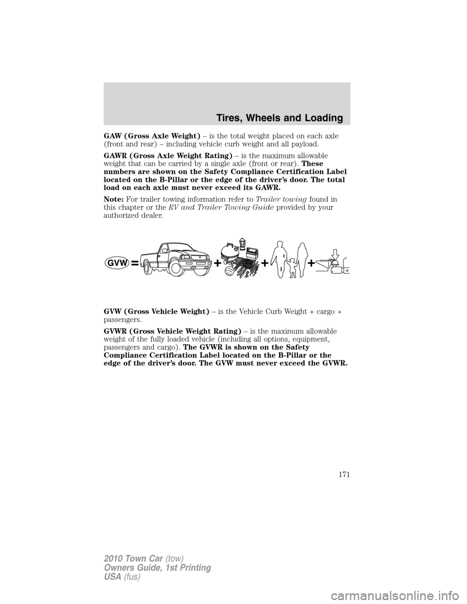 LINCOLN TOWN CAR 2010  Owners Manual GAW (Gross Axle Weight)– is the total weight placed on each axle
(front and rear) – including vehicle curb weight and all payload.
GAWR (Gross Axle Weight Rating)– is the maximum allowable
weigh