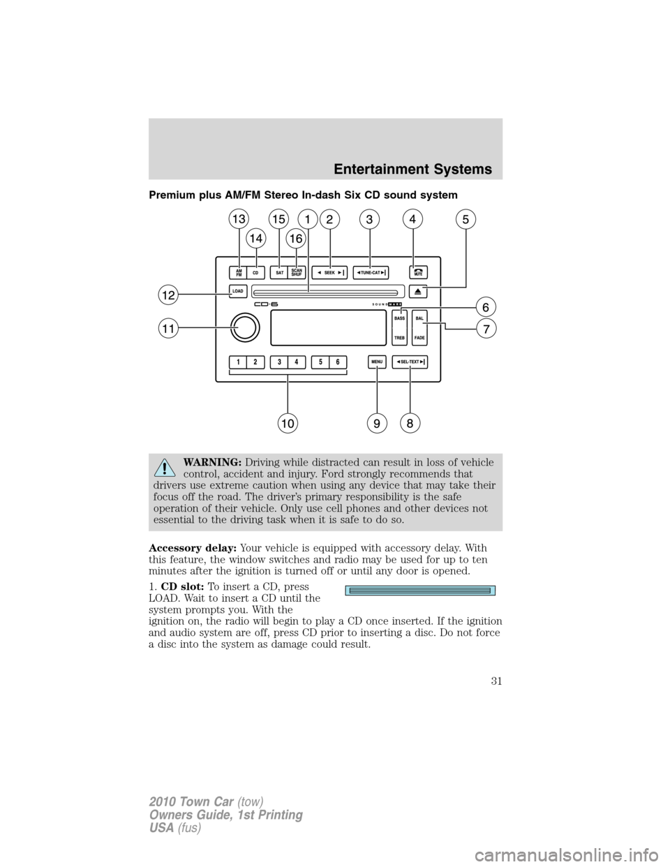 LINCOLN TOWN CAR 2010  Owners Manual Premium plus AM/FM Stereo In-dash Six CD sound system
WARNING:Driving while distracted can result in loss of vehicle
control, accident and injury. Ford strongly recommends that
drivers use extreme cau