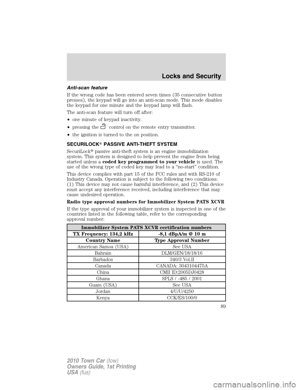 LINCOLN TOWN CAR 2010 User Guide Anti-scan feature
If the wrong code has been entered seven times (35 consecutive button
presses), the keypad will go into an anti-scan mode. This mode disables
the keypad for one minute and the keypad