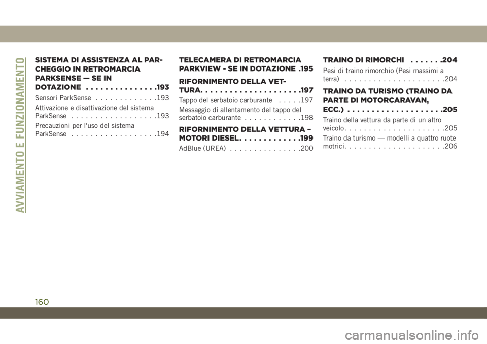 JEEP WRANGLER UNLIMITED 2019  Libretto Uso Manutenzione (in Italian) SISTEMA DI ASSISTENZA AL PAR-
CHEGGIO IN RETROMARCIA
PARKSENSE — SE IN
DOTAZIONE...............193
Sensori ParkSense.............193
Attivazione e disattivazione del sistema
ParkSense...............