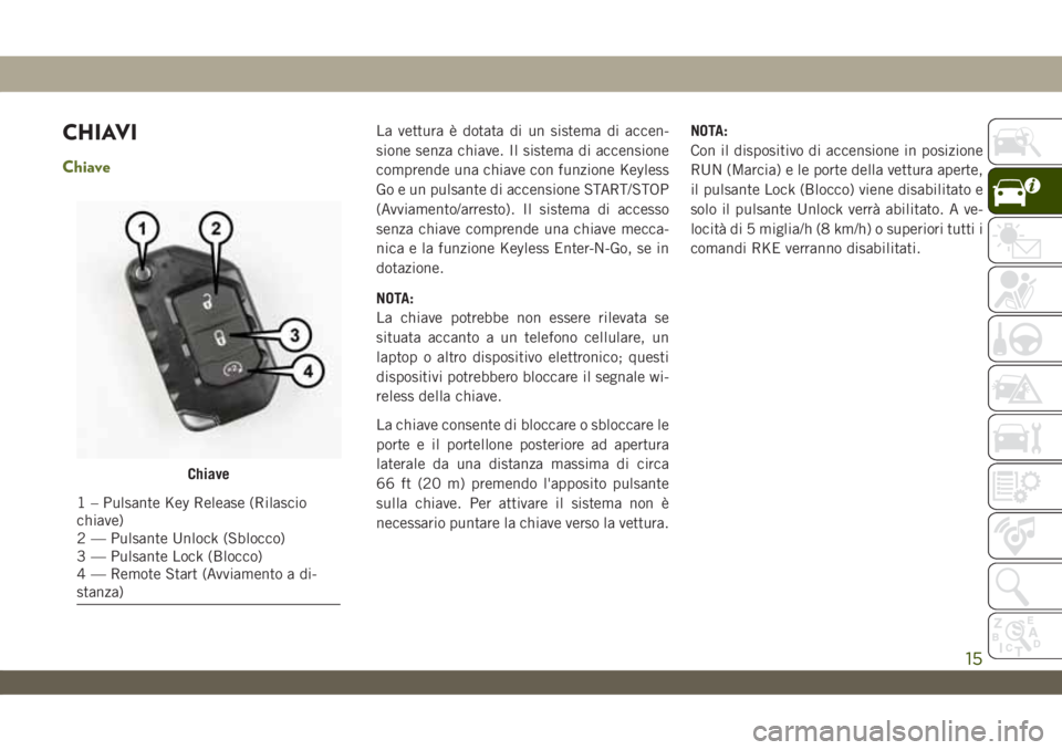 JEEP WRANGLER UNLIMITED 2019  Libretto Uso Manutenzione (in Italian) CHIAVI
Chiave
La vettura è dotata di un sistema di accen-
sione senza chiave. Il sistema di accensione
comprende una chiave con funzione Keyless
Go e un pulsante di accensione START/STOP
(Avviamento/